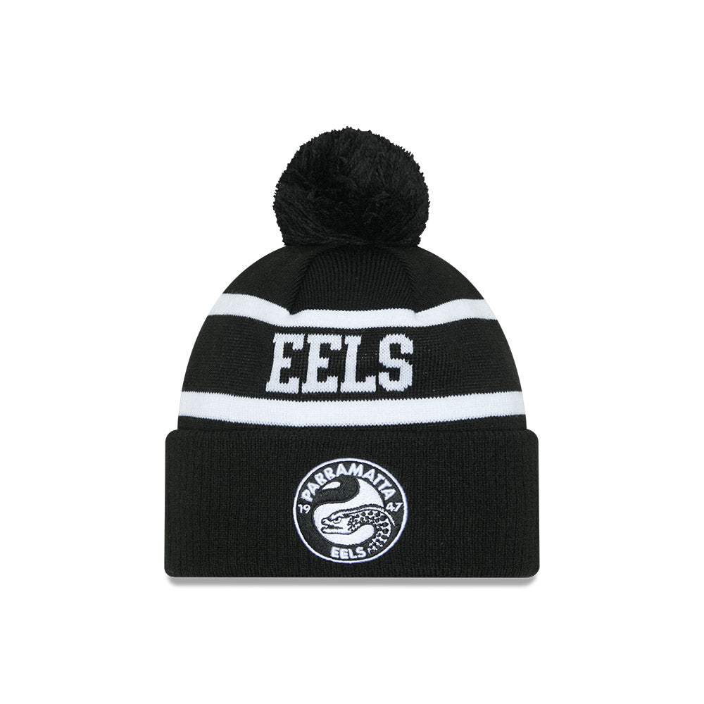 Parramatta Eels Beanie - 2025 NRL Black White Pom Knit - New Era